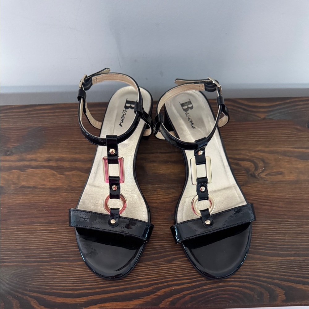 Browns Black Patent Leather Sandals with Gold Accents